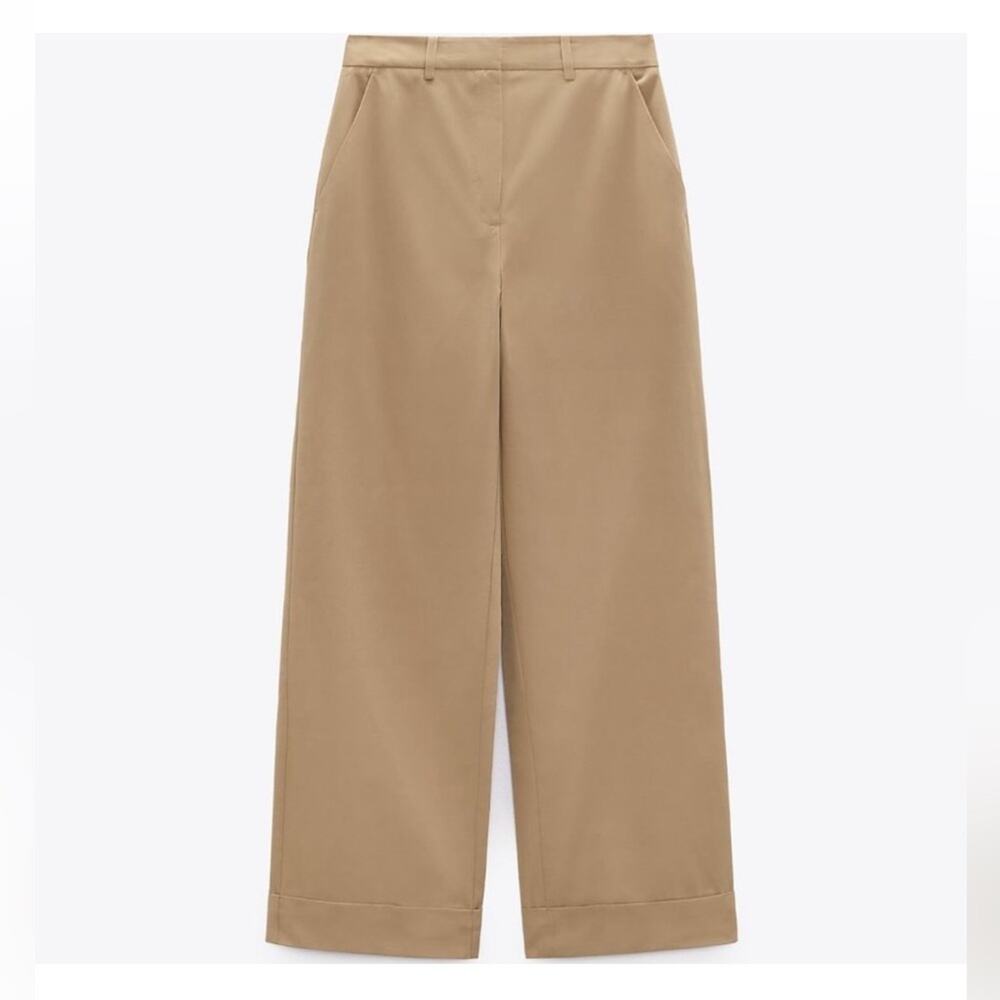 ZARA Women's Size Small Light Brown Wide-Leg Satin Trousers High-Waisted Pants S - Picture 4 of 12